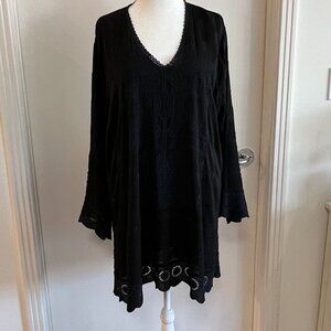 Johnny Was black tunic with decorative embroidery and lace trim.